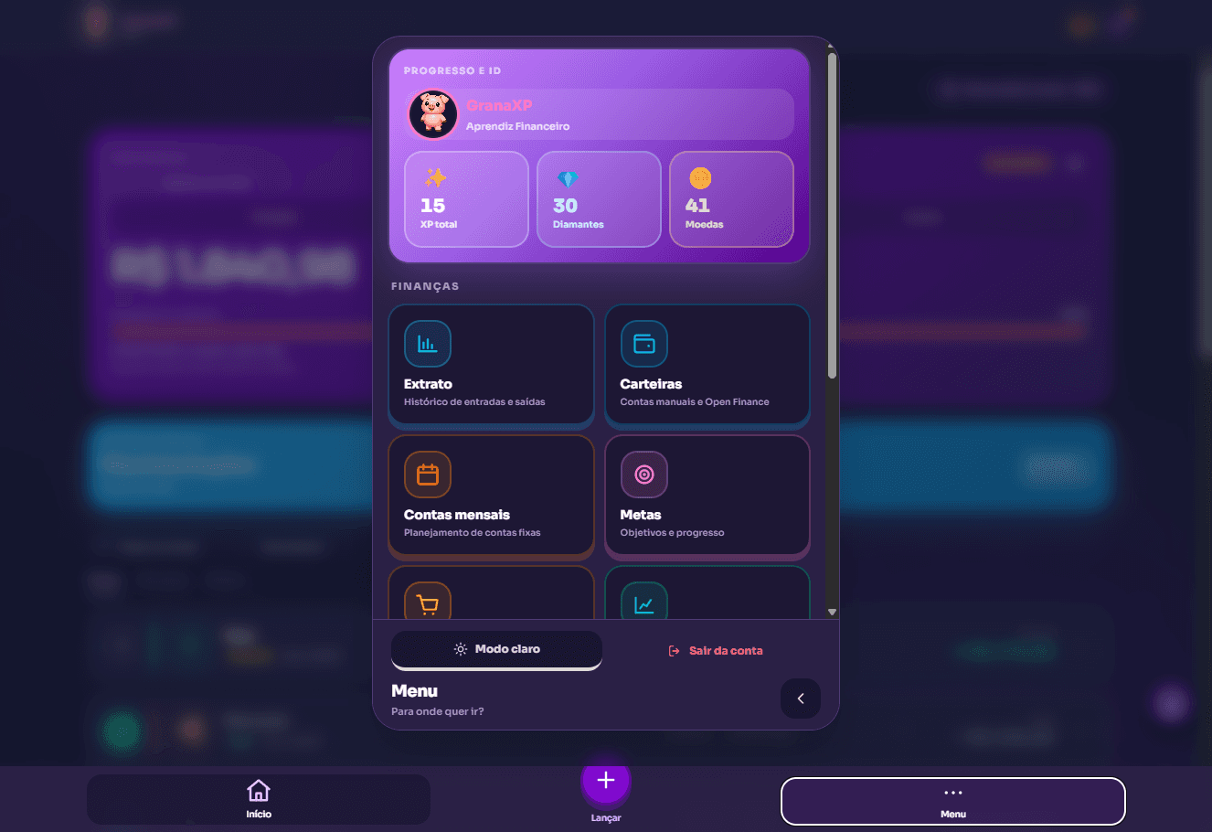 Menu do Grana XP no desktop