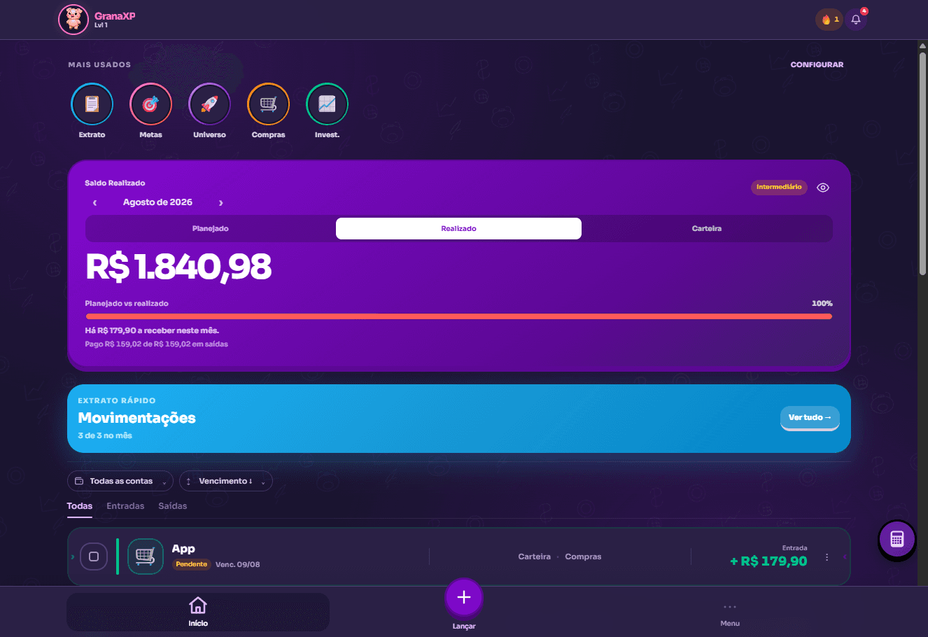 Dashboard Grana XP no computador — saldo realizado, extrato rápido e atalhos